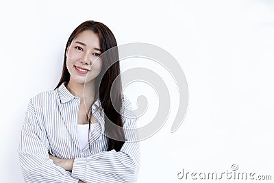 White background picture ,Young business women in Asia are smiling, Text input Stock Photo