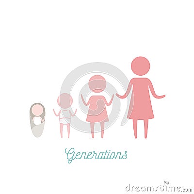 White background with pink color silhouette pictogram female generations people Vector Illustration