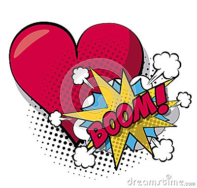 White background pop art style of cloud explosive callout for dialogue with boom text and closeup heart in halftone Vector Illustration