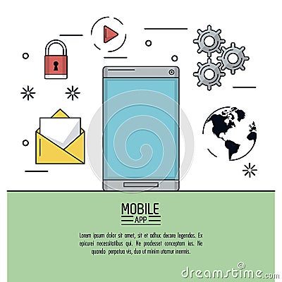 White background poster of mobile app with smartphone device and common icons around Vector Illustration