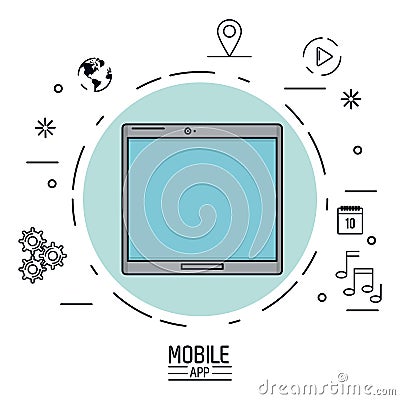 White background poster of mobile app with tablet device in blue circle and common icons around Vector Illustration