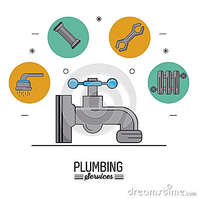 White background poster plumbing services with faucet in closeup and plumbing icons on top Vector Illustration