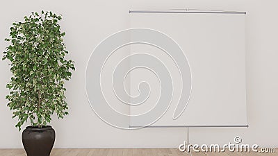 White background with projection screen and a big plant 3D illustration Stock Photo