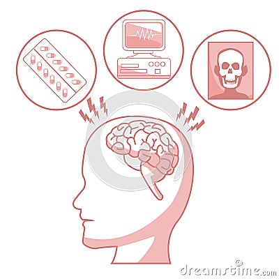 White background with red color sections of silhouette profile human head with brain and elements health Vector Illustration