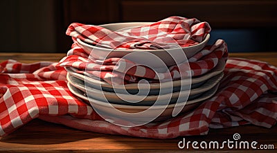 White background red table dish wooden textile napkin empty kitchen plate background tablecloth Stock Photo