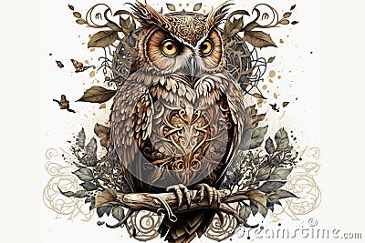 A white background serves as a canvas for the owl, adorned with intricate floral patterns, swirls, and decorative shapes, creating Stock Photo