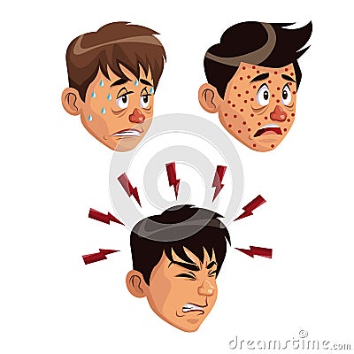 White background set faces various sickness symptoms people male Vector Illustration