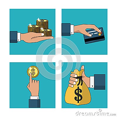 White background with set of frames with cash payments and credit card Vector Illustration