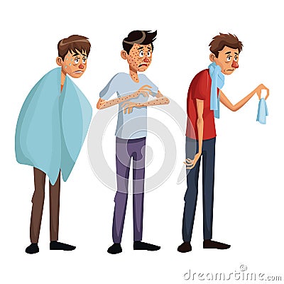 White background set full body standing various sickness symptoms people male Vector Illustration