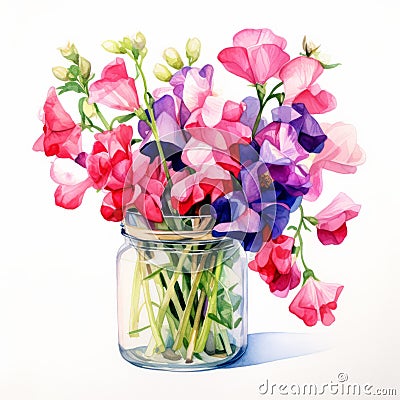 Realistic Watercolor Paintings Of Sweet Pea In A Jar Stock Photo