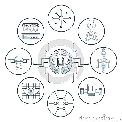 White background with silhouette color sections shading of brain with circuits and set icons tech futuristic objects Vector Illustration