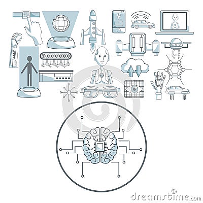 White background with silhouette color sections shading of circular frame brain with circuits and set icons tech Vector Illustration