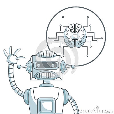 White background with silhouette color sections shading of closeup robot and icon brain with circuits Vector Illustration