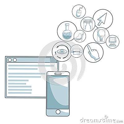 White background with silhouette color sections shading of mobile phone and window program with floating icons graphic Vector Illustration