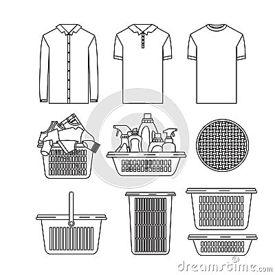 White background of silhouette set elements of laundry and cleaning items with clothes and plastic basins Vector Illustration
