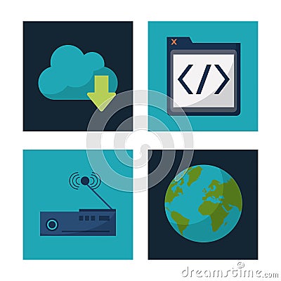 White background with square frames graphics of cloud service and html code and wireless server and globe earth Vector Illustration