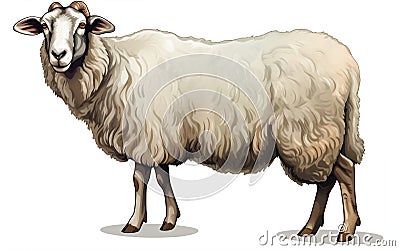 White Background Sticker Full Body Sheep. Generative AI Stock Photo