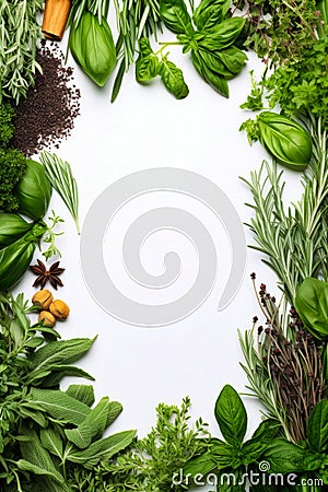 White background with various green vegetables and herbs around it, including herbs, herbs, and spices. Generative AI Stock Photo