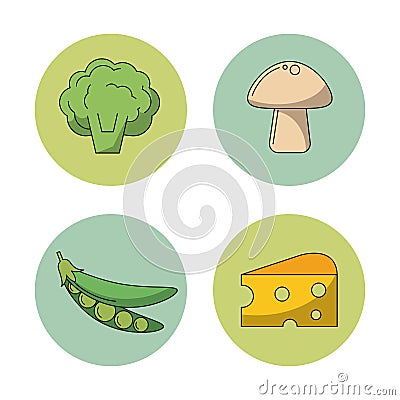 White background with vegetables cauliflower mushroom peas and slice cheese in round frames Vector Illustration