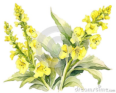 white background with a watercolor style isolated on the Mullein (Verbascum Thapsus) herb. Stock Photo