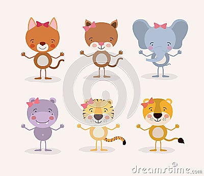 White background withset cute female animals love Vector Illustration