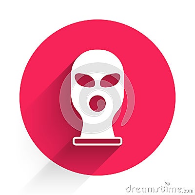White Balaclava icon isolated with long shadow. A piece of clothing for winter sports or a mask for a criminal or a Vector Illustration