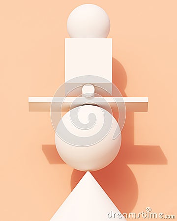 White balancing shapes peach wall background cylinder sphere cone cube block warm summer sunlight Cartoon Illustration