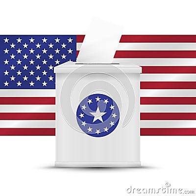 White ballot box with american flag background Vector Illustration