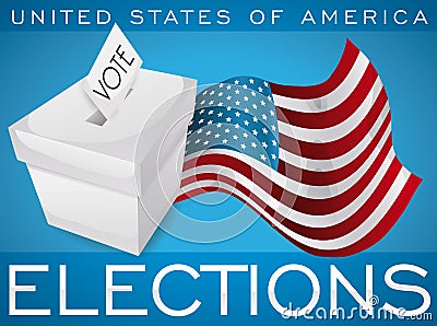 White Ballot Box and Waving American Flag Promoting U.S.A. Elections, Vector Illustration Vector Illustration