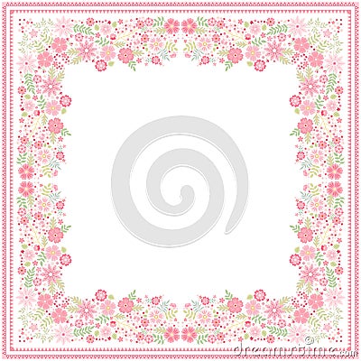 White bandana print with beautiful floral border with light red flowers and green leaves in vector. Square card Vector Illustration