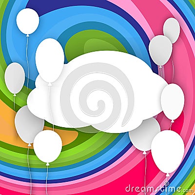 White banner in the cloud form with balloons on a bright abstract background Creative poster template birthday greeting card Vector Illustration