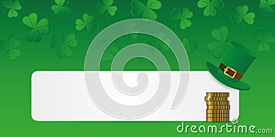 White banner with green hat and golden coins on shamrock clover Vector Illustration