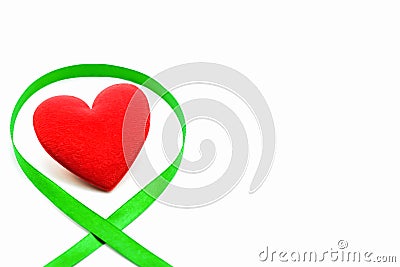 White Banner with Organ Transplant and Organ Donation Awareness Realistic Green Ribbon and red heart Stock Photo