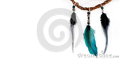 White banner with space for text on the left. The lower part of the dream catcher, made of willow vines Stock Photo