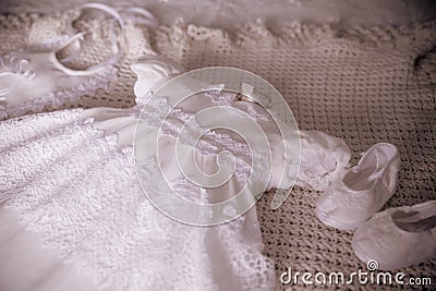 White Baptism Christening Dress for Girl Stock Photo