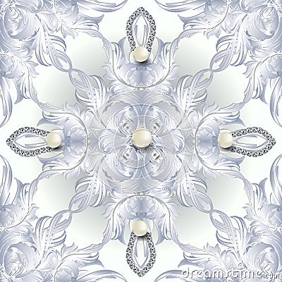White Baroque 3d seamless pattern. Vector damask jewelry background. 3d wallpaper with pearls, diamonds gemstones. Vintage luxury Vector Illustration