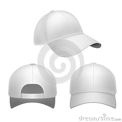 White baseball cap. 3d mockup hat, head caps back, front and side view. Corporate uniform clothes, realistic fashion Vector Illustration