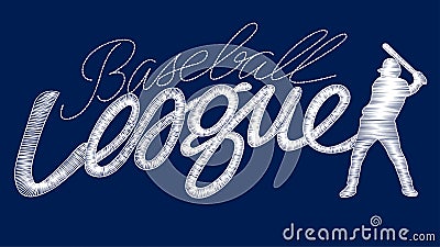 White baseball league embroidery stitching text with player Vector Illustration
