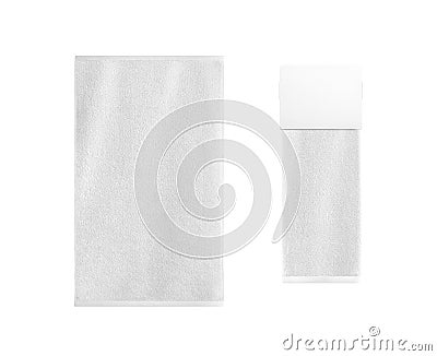 White bath textile items set isolated. Empty retail hanger with folded terry towel Stock Photo