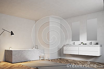 White bathroom, angular tub and sink, side view Stock Photo