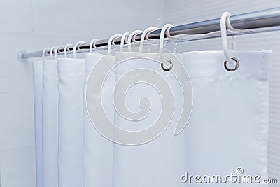 White bathroom with black and white shower curtain Stock Photo