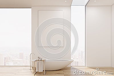 White bathroom interior with a bathtub of original shape and a towel rack. Stock Photo