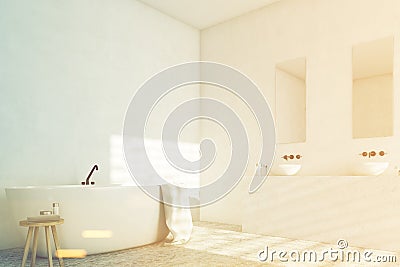 White bathroom with sinks, corner, toned Stock Photo