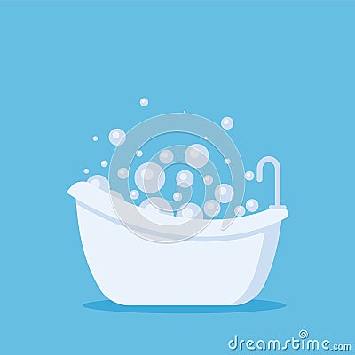 White bathtub in bathroom. Vintage bath and soap foam bubbles on blue background, illustration Vector Illustration