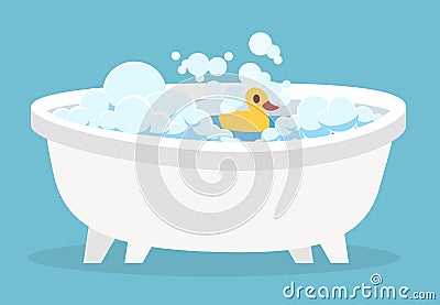 White bathtub. Cartoon clean cute hot bath with bubble and toys for indoor home spa relaxation isolated vector Vector Illustration