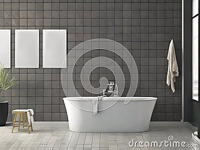 White bathtub, dark grey tiles, and three posters above. Stock Photo