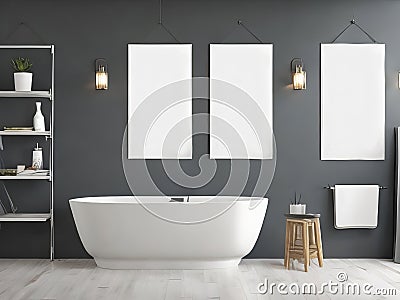 White bathtub, dark grey tiles, and three posters above. Stock Photo