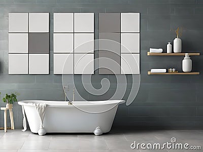 White bathtub, dark grey tiles, and three posters above. Stock Photo