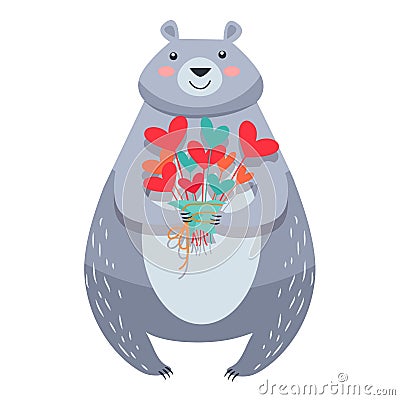 White Bear with Bouquet of Fowers Isolated Vector Vector Illustration