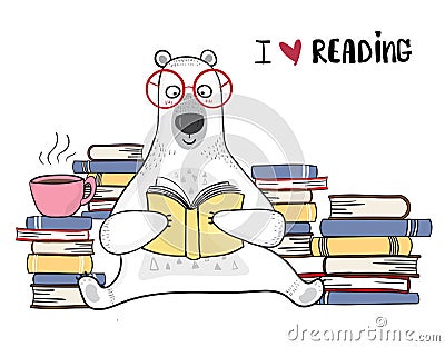 White bear in red glasses is reading book with pile of books Vector Illustration